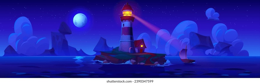 Lighthouse on night rocky island in sea. Vector cartoon illustration of light beam shining from navigation beacon tower on piece of land, dark seascape with mountains on horizon, moon and stars in sky