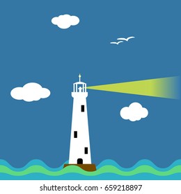 Lighthouse on ocean cartoon background with waves and clouds. vector illustration.