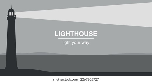 Lighthouse on ocean coast black and white vector illustration.