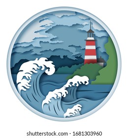 Lighthouse on ocean coast and raging waves, vector illustration in paper art craft style. Lighthouse symbolizing way forward, safety. Summer sea travel, journey, adventure concept in paper cut style.