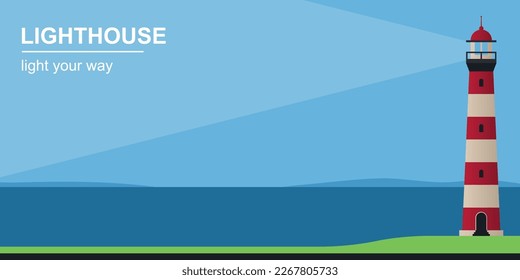 Lighthouse on ocean coast in summer cartoon vector illustration.