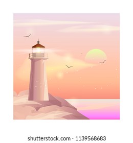 Lighthouse on ocean or sea beach cartoon background vector illustration. Lighthouse on coast of sea, structure of lighthouse on shore
