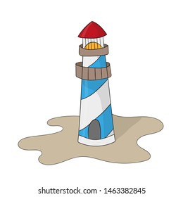 Lighthouse on ocean or sea beach cartoon background vector illustration. Lighthouse on coast of sea, structure of lighthouse on shore