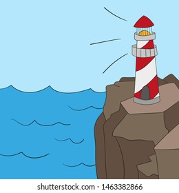 Lighthouse on ocean or sea beach cartoon background vector illustration. Lighthouse on coast of sea, structure of lighthouse on shore