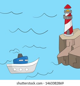 Lighthouse on ocean or sea beach cartoon background vector illustration. Lighthouse on coast of sea, structure of lighthouse on shore
