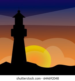 Lighthouse on ocean or sea beach cartoon background vector illustration. Lighthouse on coast of sea