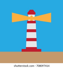 Lighthouse on ocean or sea beach cartoon background vector illustration. Lighthouse on coast of sea, structure of lighthouse on shore