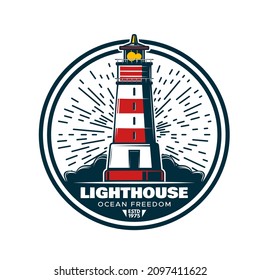 Lighthouse on ocean shore icon. Old navigational lighthouse with red and white stripes and lantern on rocky coast or beach. Sailing retro vector emblem, vintage maritime travel icon or nautical symbol