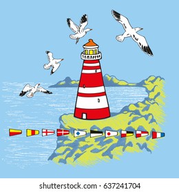 Lighthouse on a reef with seagulls and flags