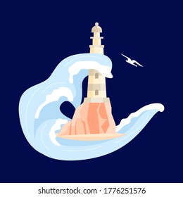 Lighthouse on a rock among storm waves on the dark blue background. Flat Art Vector illustration