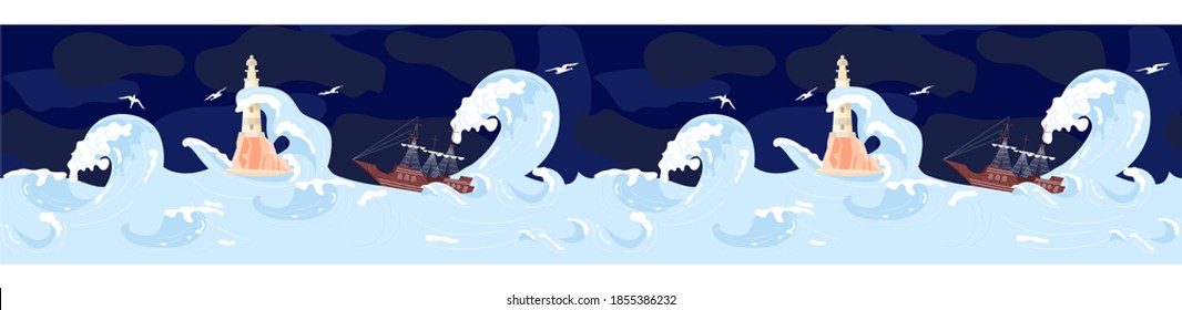 Faro en una roca entre las olas de tormenta, frontera sin fisuras. El velero es naufragado en una ola enorme sobre el fondo azul oscuro. Ilustración de Vector de arte plano
