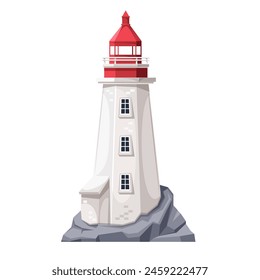 Lighthouse on rock, cartoon nautical light tower. Coastal beacon with rays on rocky beach or port harbor for safety of navigation in sea or ocean, cartoon high lighthouse vector illustration