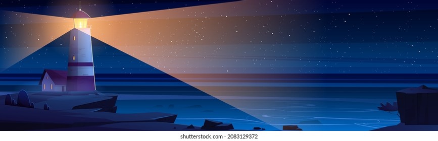 Lighthouse on rock cliff on sea shore at night. Vector cartoon illustration of summer landscape of ocean coast with beacon with light beam, house building and stars in sky