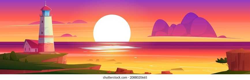 Lighthouse on rock cliff on sea shore at sunset. Vector cartoon illustration of summer landscape of ocean coast with beacon, house building and sun on horizon at evening