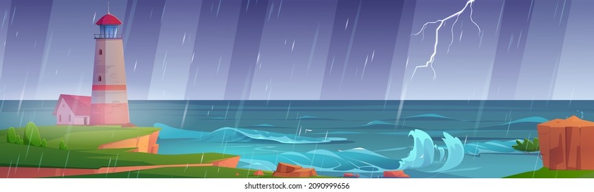 Leuchtturm auf Felsklippe am Meer bei Regen. Vektorgrafik-Illustration der sommerlichen Meeresküste mit Bake und Gewitter mit Blitz und Wellen auf See