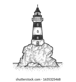 Lighthouse on rock cliff sketch engraving vector illustration. T-shirt apparel print design. Scratch board imitation. Black and white hand drawn image.