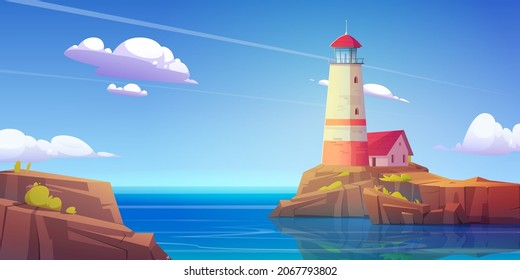 Lighthouse on rock island in sea. Vector cartoon illustration of summer landscape of ocean shore with beacon and building on cliff. Seascape with nautical navigation tower with lamp on coast