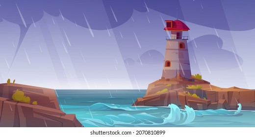 Lighthouse on rock island in sea in storm. Vector cartoon illustration of ocean shore landscape with beacon building on cliff, rain and waves. Seascape with nautical navigation tower at rainy weather