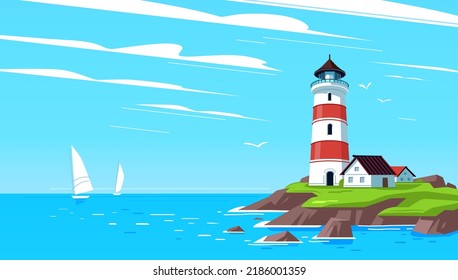 Lighthouse on rock island in sea. Horizontal Seascape with sailboats and marine navigation tower with on coast vector