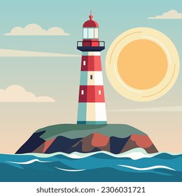 Lighthouse on rock island in sea. Vector flat illustration of summer landscape