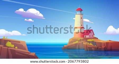 Lighthouse on rock island in sea. Vector cartoon illustration of summer landscape of ocean shore with beacon and building on cliff. Seascape with nautical navigation tower with lamp on coast