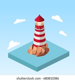 Lighthouse on a rock isometric style colorful vector illustration