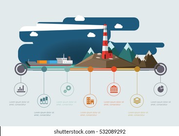 El faro en la roca ilumina el camino al buque de carga. Imagen vectorial infográfica.