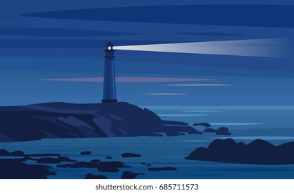 Lighthouse on a rock at night. Vector illustration