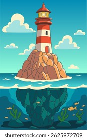 Lighthouse on Rock in Ocean, Vector Illustration