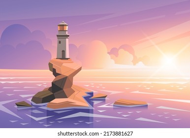 Lighthouse on a rock in the sea.