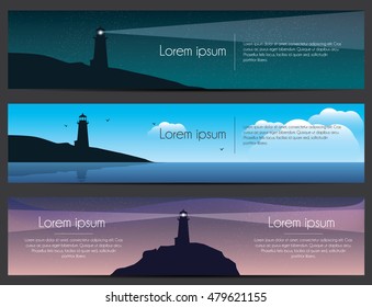 Faro en la roca con carteles marinos colocados. Ilustración del vector paisajístico