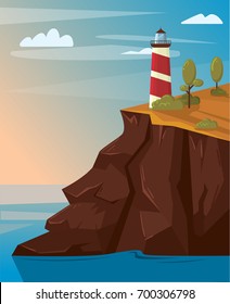 Lighthouse on the rock with sea. landscape vector illustration. For design poster, brochure, flyer