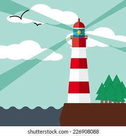 Lighthouse on the rock with seagulls. Vector illustration in flat style.