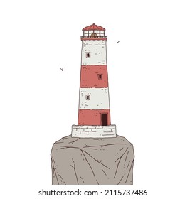 Lighthouse on the rock. Signal tower searchlight vector graphic line sketch isolated illustration.