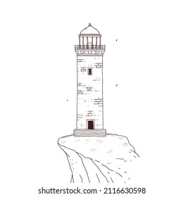Lighthouse on the rock. Signal tower searchlight vector black white graphic line sketch isolated illustration.