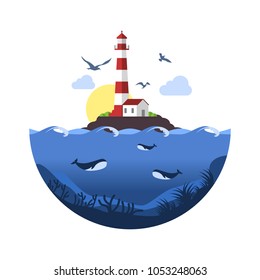Lighthouse on rock stones island with underwater scene. Vector Illustration