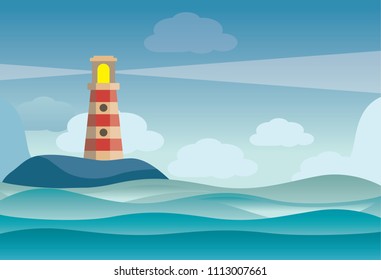 Lighthouse on rock stones island landscape - vector illustration