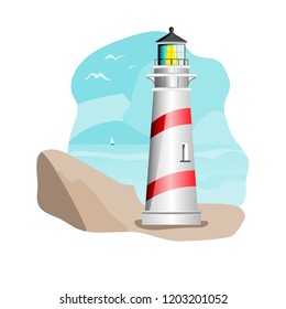 Lighthouse on rock stones island landscape. Navigation Beacon building in ocean. Vector illustration.