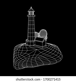 Lighthouse on rock stones island landscape. Navigation Beacon building. Wireframe low poly mesh vector illustration.