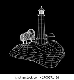 Lighthouse on rock stones island landscape. Navigation Beacon building. Wireframe low poly mesh vector illustration.