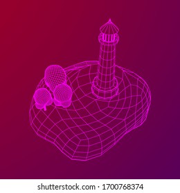Lighthouse on rock stones island landscape. Navigation Beacon building. Wireframe low poly mesh vector illustration.