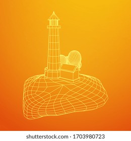 Lighthouse on rock stones island landscape. Navigation Beacon building. Wireframe low poly mesh vector illustration.