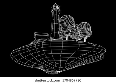 Lighthouse on rock stones island landscape. Navigation Beacon building. Wireframe low poly mesh vector illustration.