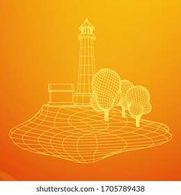 Lighthouse on rock stones island landscape. Navigation Beacon building. Wireframe low poly mesh vector illustration.