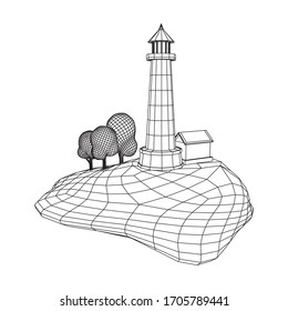 Lighthouse on rock stones island landscape. Navigation Beacon building. Wireframe low poly mesh vector illustration.