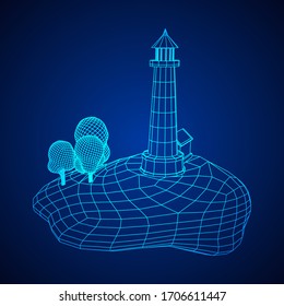 Lighthouse on rock stones island landscape. Navigation Beacon building. Wireframe low poly mesh vector illustration.