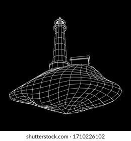 Lighthouse on rock stones island landscape. Navigation Beacon building. Wireframe low poly mesh vector illustration.