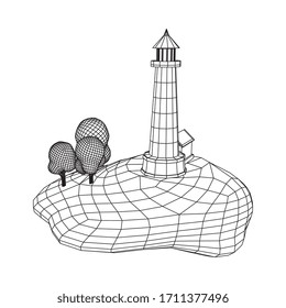 Lighthouse on rock stones island landscape. Navigation Beacon building. Wireframe low poly mesh vector illustration.