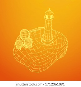 Lighthouse on rock stones island landscape. Navigation Beacon building. Wireframe low poly mesh vector illustration.