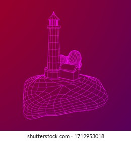 Lighthouse on rock stones island landscape. Navigation Beacon building. Wireframe low poly mesh vector illustration.